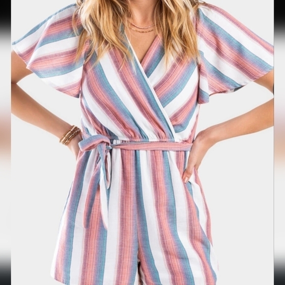 Francesca's Fredah Stripe Front Back Tie Short Sleeve Elastic Waist Boho Romper - Picture 2 of 12